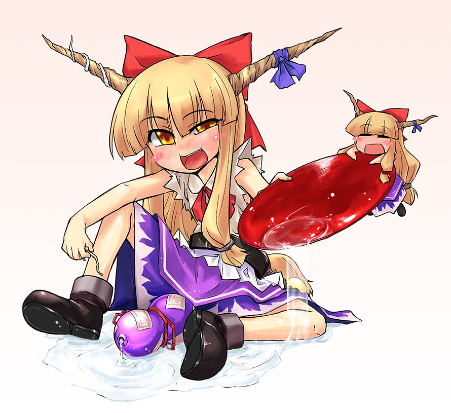 stroma, ibuki suika, touhou, bad id, bad pixiv id, 2girls, alcohol, chibi, clone, female focus, gourd, horns, long hair, mini person, minigirl, multiple girls, ribbon