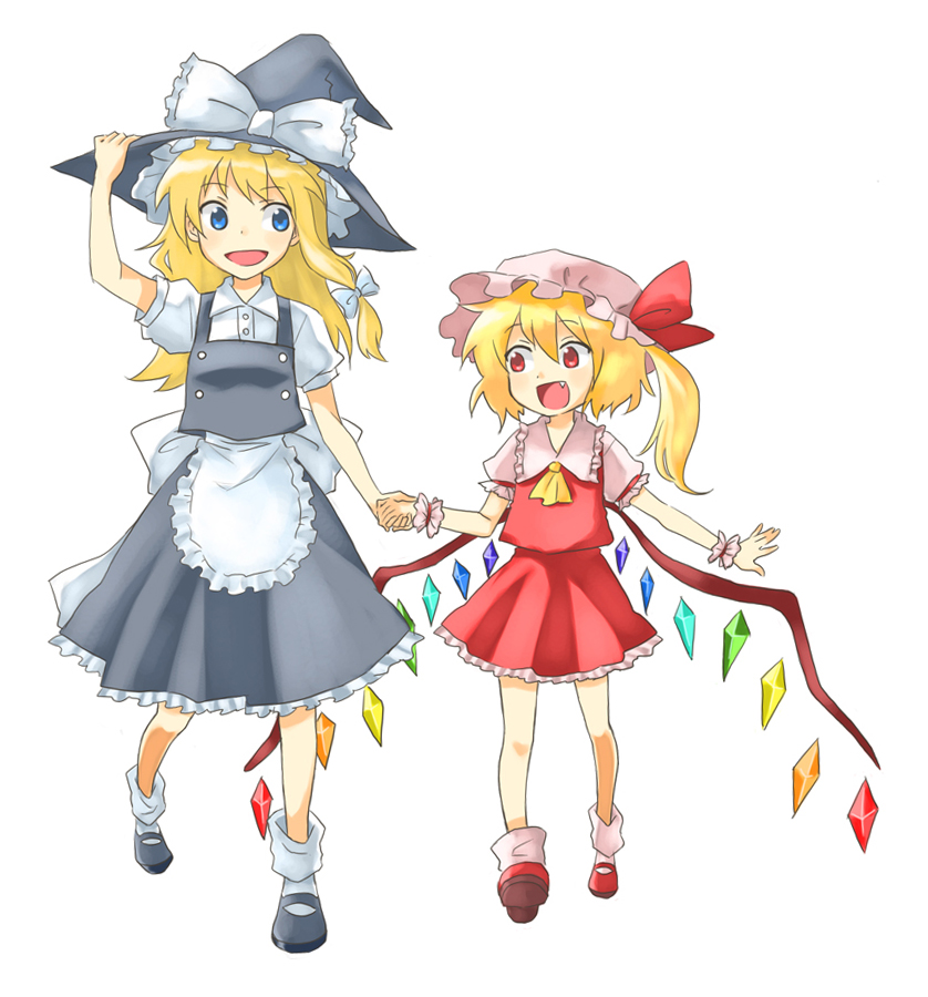 miya (tsumazukanai), flandre scarlet, kirisame marisa, touhou, bad id, bad pixiv id, 2girls, apron, blonde hair, blue eyes, bow, fang, female focus, full body, hair bow, hand on headwear, hat, holding hands, large bow, long hair, mary janes, mob cap, multiple girls, open mouth, red eyes, ribbon, shoes, side ponytail, simple background, skirt, smile, socks, walking, white background, white socks, wings, wrist cuffs