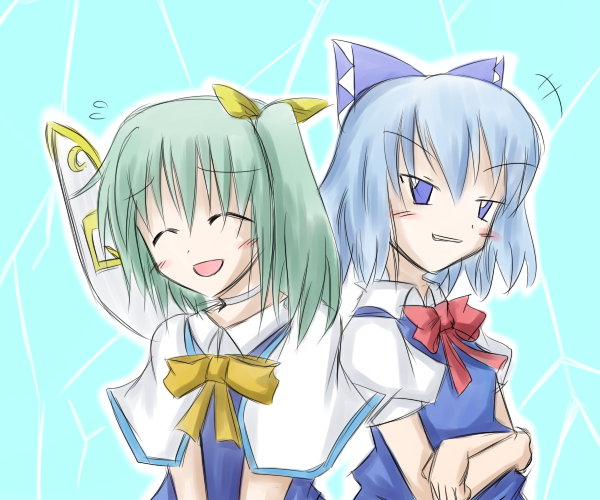 aotori, cirno, daiyousei, embodiment of scarlet devil, touhou, 2girls, blue hair, female focus, green hair, multiple girls, ribbon