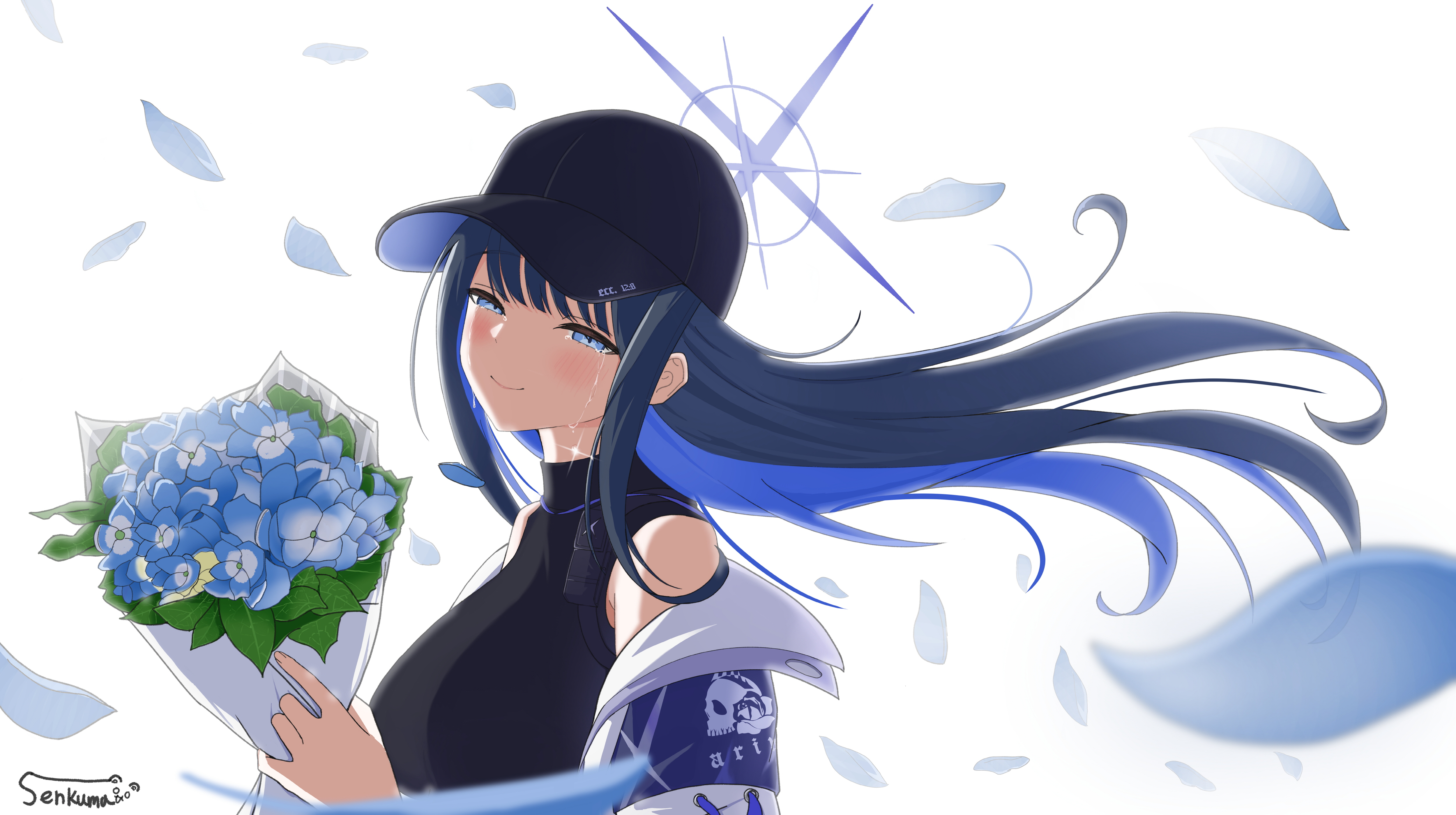 senkuma777, saori (blue archive), blue archive, absurdres, highres, 1girl, baseball cap, black hat, black shirt, blue eyes, blue flower, blue hair, blush, bouquet, closed mouth, flower, hat, holding, holding bouquet, jacket, long hair, petals, shirt, sidelocks, sleeveless, sleeveless turtleneck, smile, solo, turtleneck, turtleneck shirt, upper body, white jacket
