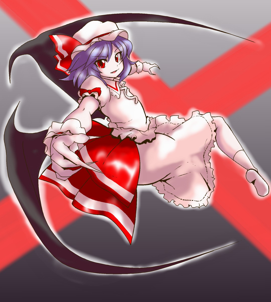 indigo shop (coco), koko (indyco), remilia scarlet, touhou, bad id, bad pixiv id, highres, 1girl, blue hair, female focus, foreshortening, hat, mob cap, solo, wings