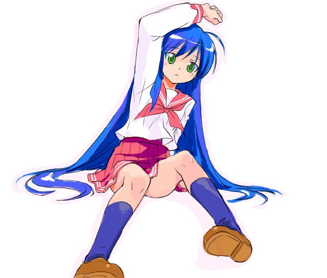 akitsu, akitsu mikami, fthgn338, izumi konata, lucky star, bad id, bad pixiv id, 00s, 1girl, :<, blue hair, female focus, green eyes, kneehighs, long hair, mole, mole under eye, school uniform, serafuku, sitting, socks, solo