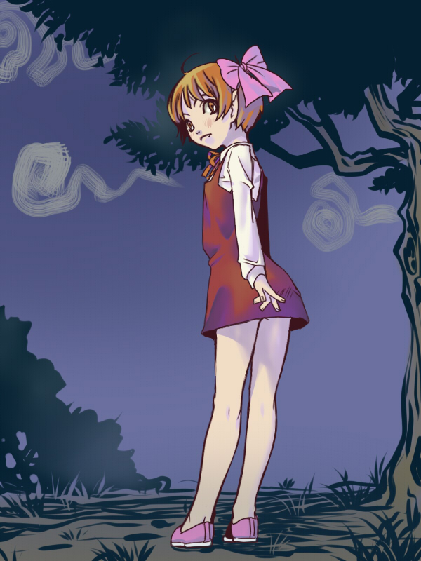 mogeta (jirotama88), nekomusume, gegege no kitarou, toei company, bad id, bad pixiv id, 1girl, back, bow, female focus, looking back, night, pink bow, pointy ears, short hair, solo, tree