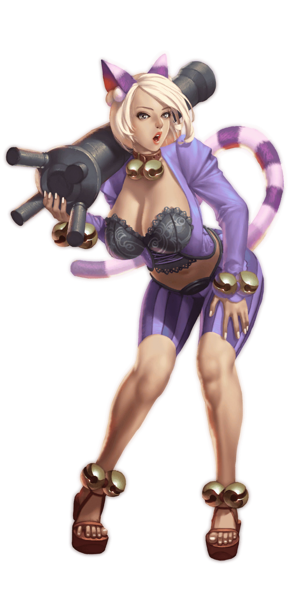 crystal maiden (series), artist request, bad source, game cg, highres, official art, variant set, 1girl, animal ears, bell, belt, black bra, blonde hair, bra, breasts, brown eyes, cat ears, cat tail, cleavage, collar, frilled bra, frills, full body, hand on own thigh, holding cannon, jingle bell, large breasts, leaning forward, long sleeves, luna (crystal maidens), navel, open mouth, over shoulder, short hair, solo, tail, transparent background, underwear, weapon, weapon over shoulder