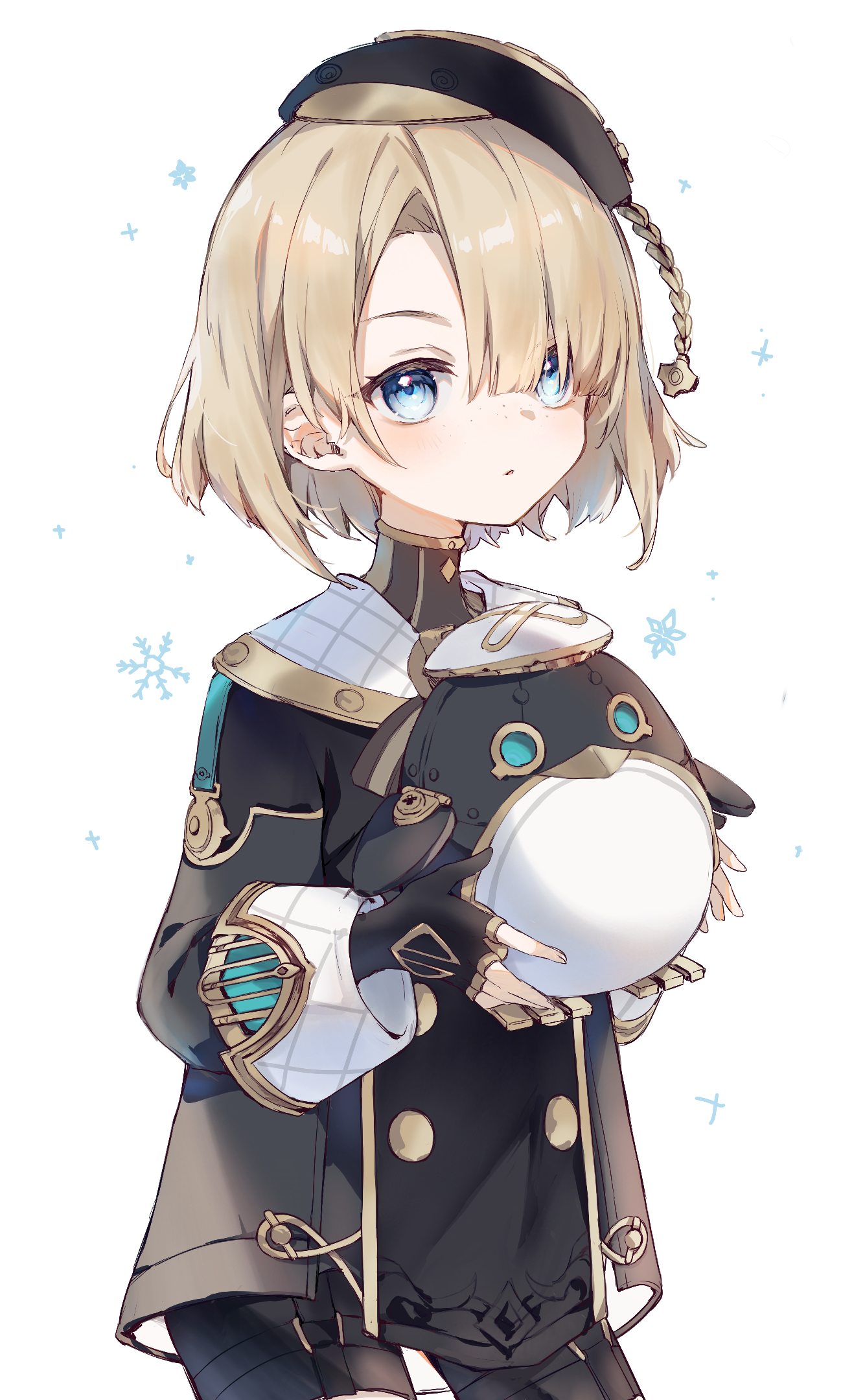 1227ree, freminet (genshin impact), genshin impact, highres, 1boy, black coat, black gloves, black jacket, blonde hair, blue eyes, coat, fingerless gloves, freckles, gloves, gold trim, hair over one eye, holding, jacket, long sleeves, looking at viewer, male focus, parted lips, short hair, simple background, snowflakes, solo, stuffed animal, stuffed penguin, stuffed toy, upper body, white background