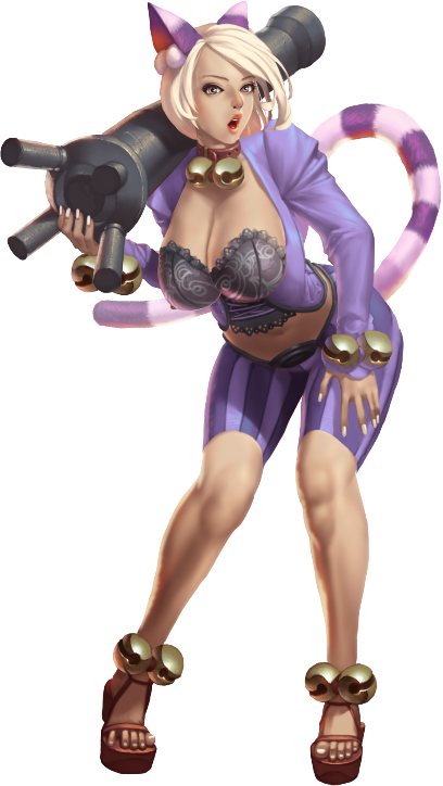crystal maiden (series), artist request, game cg, official art, variant set, 1girl, animal ears, bell, belt, black bra, blonde hair, bra, breasts, brown eyes, cat ears, cat tail, cleavage, collar, frilled bra, frills, full body, hand on own thigh, holding cannon, jingle bell, large breasts, leaning forward, long sleeves, luna (crystal maidens), navel, open mouth, over shoulder, short hair, solo, tail, transparent background, underwear, weapon, weapon over shoulder