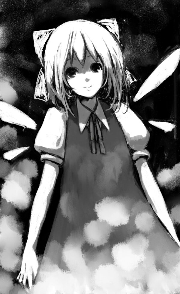 lefthand, cirno, embodiment of scarlet devil, touhou, bad id, bad pixiv id, 1girl, dress, female focus, gradient background, greyscale, monochrome, ribbon, solo, wings