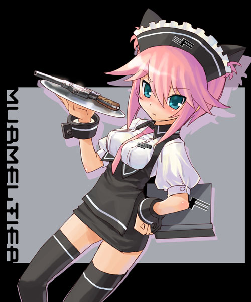 katahira masashi, murmeltier, busou shinki, 10s, 1girl, blue eyes, cuffs, female focus, gun, handgun, mauser c96, necktie, pink hair, pistol, solo, thighhighs, tray, waitress, weapon, wrist cuffs