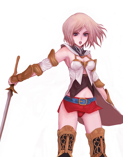 kara (color), ashelia b'nargin dalmasca, final fantasy, final fantasy xii, bad id, bad pixiv id, 00s, 1girl, blonde hair, female focus, short hair, simple background, solo, sword, thighhighs, weapon