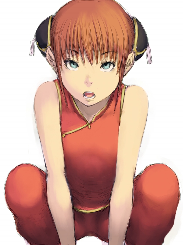 fumio (rsqkr), kagura (gintama), gintama, 00s, 1girl, bare shoulders, blue eyes, brown hair, bun cover, china dress, chinese clothes, double bun, dress, female focus, flat chest, from below, hair bun, solo, squatting