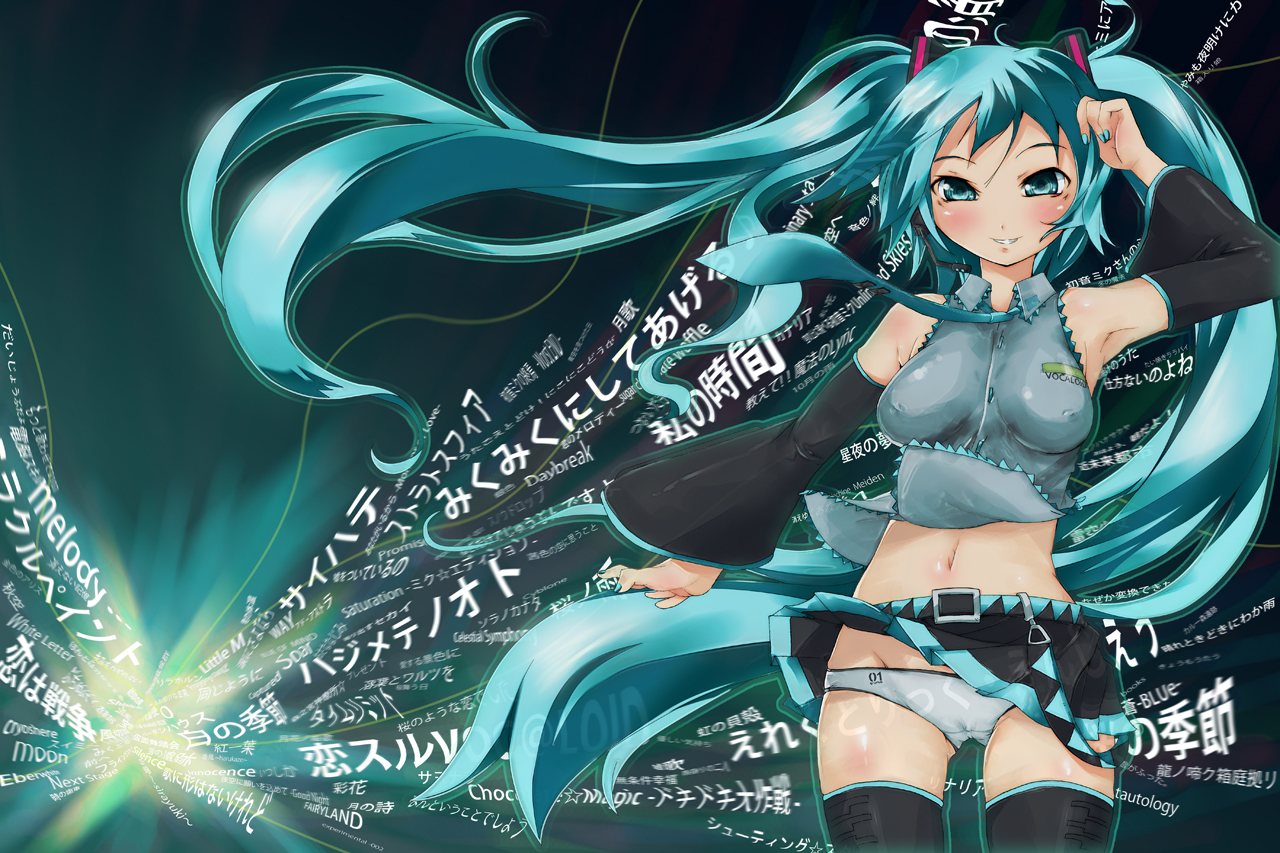 imazon, hatsune miku, vocaloid, 1girl, female focus, green eyes, green hair, long hair, matching hair/eyes, midriff, navel, panties, solo, thighhighs, twintails, underwear, very long hair, wind, wind lift, zettai ryouiki