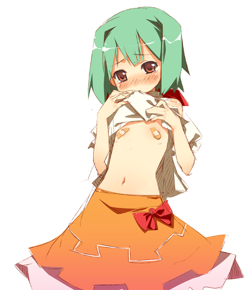 chinchickrin, ranka lee, macross, macross frontier, 00s, 1girl, bandaid, bandaids on nipples, blush, clothes lift, female focus, flat chest, green hair, mouth hold, pasties, red eyes, shirt lift, simple background, skirt, solo, white background