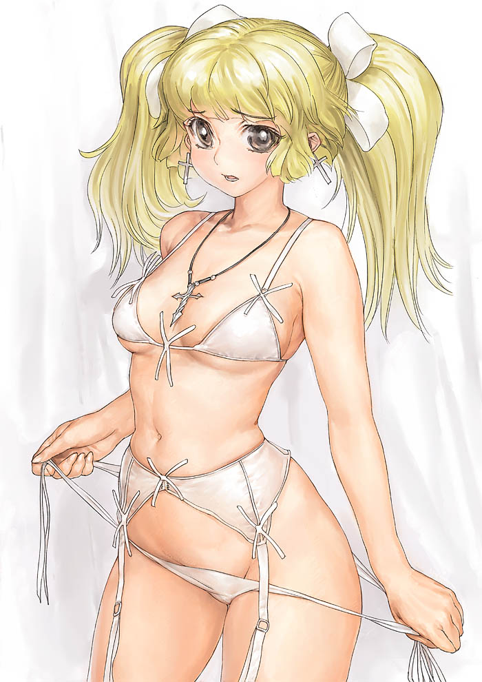 garex, original, 1girl, blonde hair, bra, cross, earrings, female focus, garter belt, hair ribbon, jewelry, latin cross, lingerie, long hair, necklace, panties, ribbon, side-tie panties, solo, twintails, underwear, underwear only