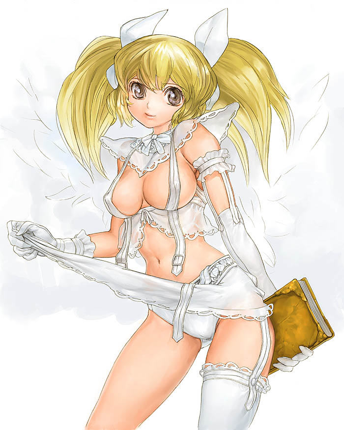 garex, original, 1girl, angel, asymmetrical clothes, blonde hair, book, breasts, cleavage, elbow gloves, female focus, garter belt, gloves, hair ribbon, lingerie, long hair, panties, pantyshot, ribbon, single thighhigh, solo, thighhighs, twintails, underwear, wings