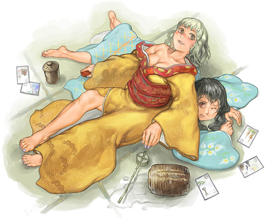 garex, 2girls, alcohol, barefoot, breasts, cleavage, drunk, fallen down, feet, japanese clothes, kimono, looking at viewer, multiple girls, one eye closed, sake, smile, tatami, wince