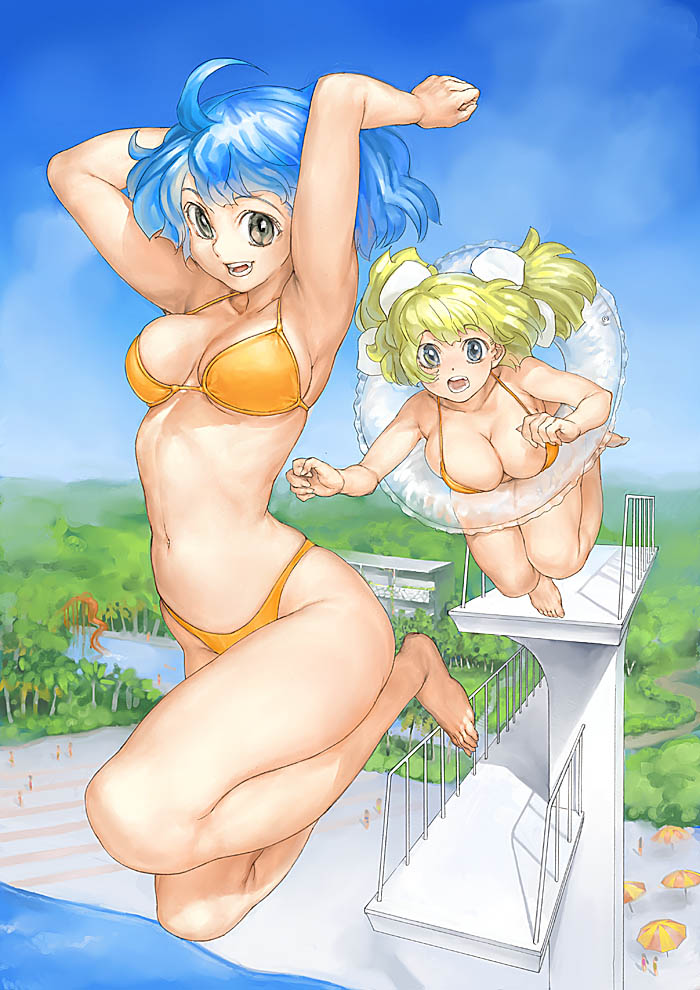 garex, original, 2girls, armpits, arms up, bikini, blonde hair, blue eyes, blue hair, breasts, cleavage, day, forest, innertube, jumping, large breasts, multiple girls, nature, open mouth, orange bikini, outdoors, parasol, pool, ribs, short hair, sky, swim ring, swimsuit, twintails, umbrella, water slide