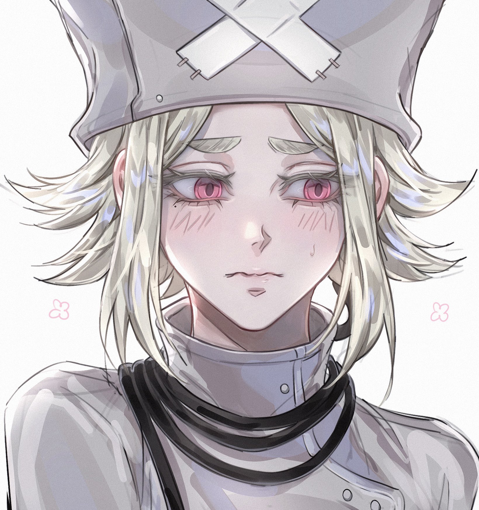 soowon 01, eishia stilza, gachiakuta, highres, 1girl, 3:, blonde hair, blush, grey hat, grey jacket, hat, jacket, nurse, nurse cap, portrait, short hair, shy, sidelocks, simple background, solo, sweat, thick eyebrows, white background