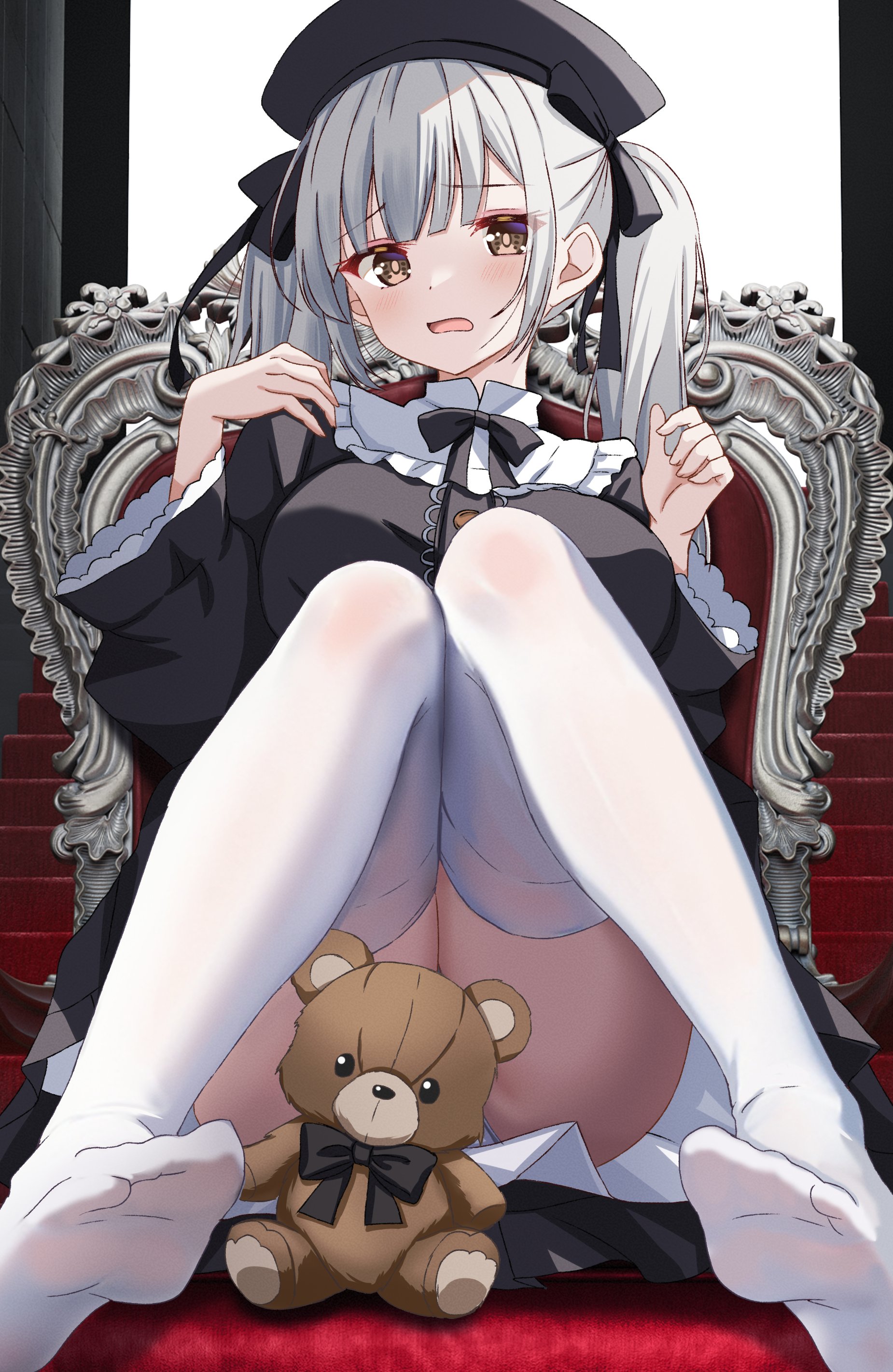 sakura mikan (chirizakura), original, absurdres, commentary request, highres, 1girl, ass, beret, black bow, black dress, black hat, blush, bow, bowtie, breasts, chair, collar, convenient censoring, dress, fingernails, frilled dress, frills, full body, grey hair, hair bow, hand on own shoulder, hands up, hat, high collar, knees together feet apart, large breasts, long hair, long sleeves, no shoes, on chair, open mouth, panties, panty peek, sitting, solo, stuffed animal, stuffed toy, teddy bear, thighhighs, thighs, twintails, underwear, white collar, white panties, white thighhighs, yellow eyes