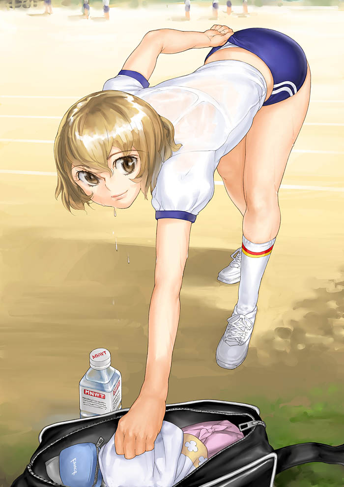 garex, adjusting buruma, adjusting clothes, bent over, blonde hair, brown eyes, buruma, gym uniform, see-through clothes, short hair, solo, sweat, wet