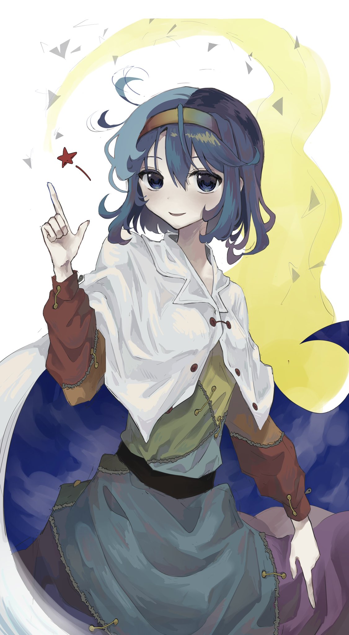 tenkyuu chimata, touhou, highres, blue cape, blue eyes, blue hair, cape, capelet, dress, eonggi001, hair between eyes, hand up, index finger raised, long sleeves, looking at viewer, medium hair, multicolored dress, rainbow hairband, smile, star (symbol), tenkyuu chimata pose, two-tone cape, white background, white cape, white capelet