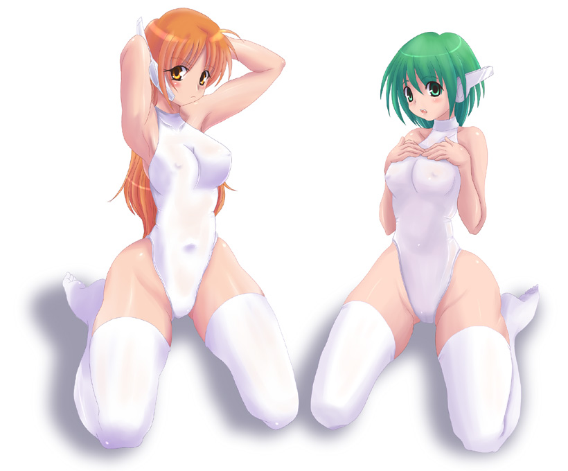 kihaiu, multi (to heart), serio (to heart), to heart, to heart (series), 2girls, android, armpits, blush, boots, breast suppress, breasts, brown eyes, brown hair, cameltoe, covered erect nipples, green eyes, green hair, highleg, highleg leotard, hip focus, large breasts, leotard, long hair, multiple girls, robot ears, short hair, thigh boots, thighhighs, wide hips