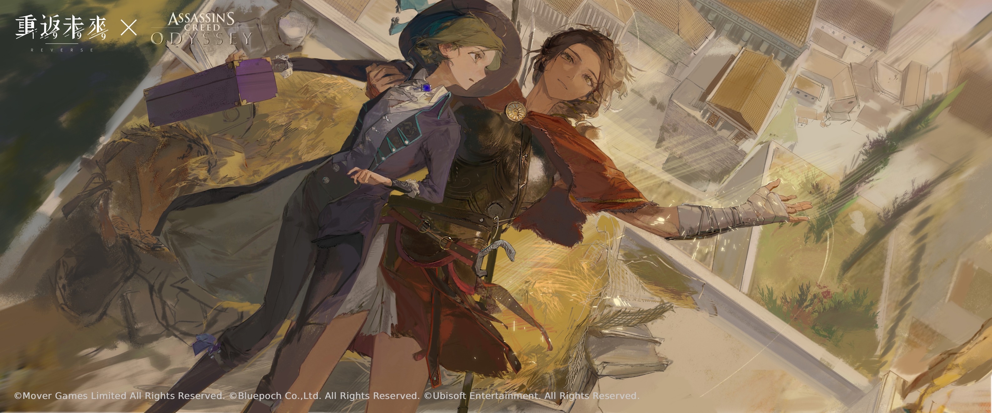 vertin (reverse:1999), assassin's creed: odyssey, assassin's creed (series), reverse:1999, highres, official art, 2girls, architecture, armor, ascot, black boots, black coat, black hat, black pants, boots, brown eyes, brown hair, cape, coat, collared shirt, copyright name, copyright notice, falling, feet out of frame, from above, greco-roman architecture, greek armor, grey hair, hair bun, hat, hay, holding, holding suitcase, kassandra of sparta, leap of faith, logo, looking to the side, looking up, multiple girls, pants, profile, red cape, shirt, single side bun, suitcase, white ascot, white shirt