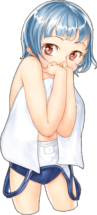 garex, 1girl, blue hair, clothes pull, covering own mouth, covering privates, female focus, hand over mouth, hand over own mouth, one-piece swimsuit, one-piece swimsuit pull, red eyes, school swimsuit, short hair, solo, swimsuit, towel