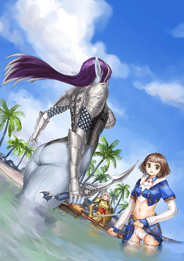garex, dark elf (lineage 2), elf (lineage 2), human (lineage 2), lineage, lineage 2, 3girls, armor, ass, beach, blue skin, clothes lift, colored skin, dark elf, day, elf, knife, midriff, multiple girls, outdoors, panties, pointy ears, purple hair, skirt, skirt lift, staff, sword, underwear, water, weapon, wet