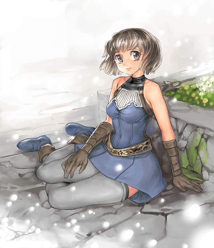 garex, human (lineage 2), lineage, lineage 2, 1girl, brown eyes, brown hair, female focus, gloves, short hair, sitting, sleeveless, smile, solo, thighhighs
