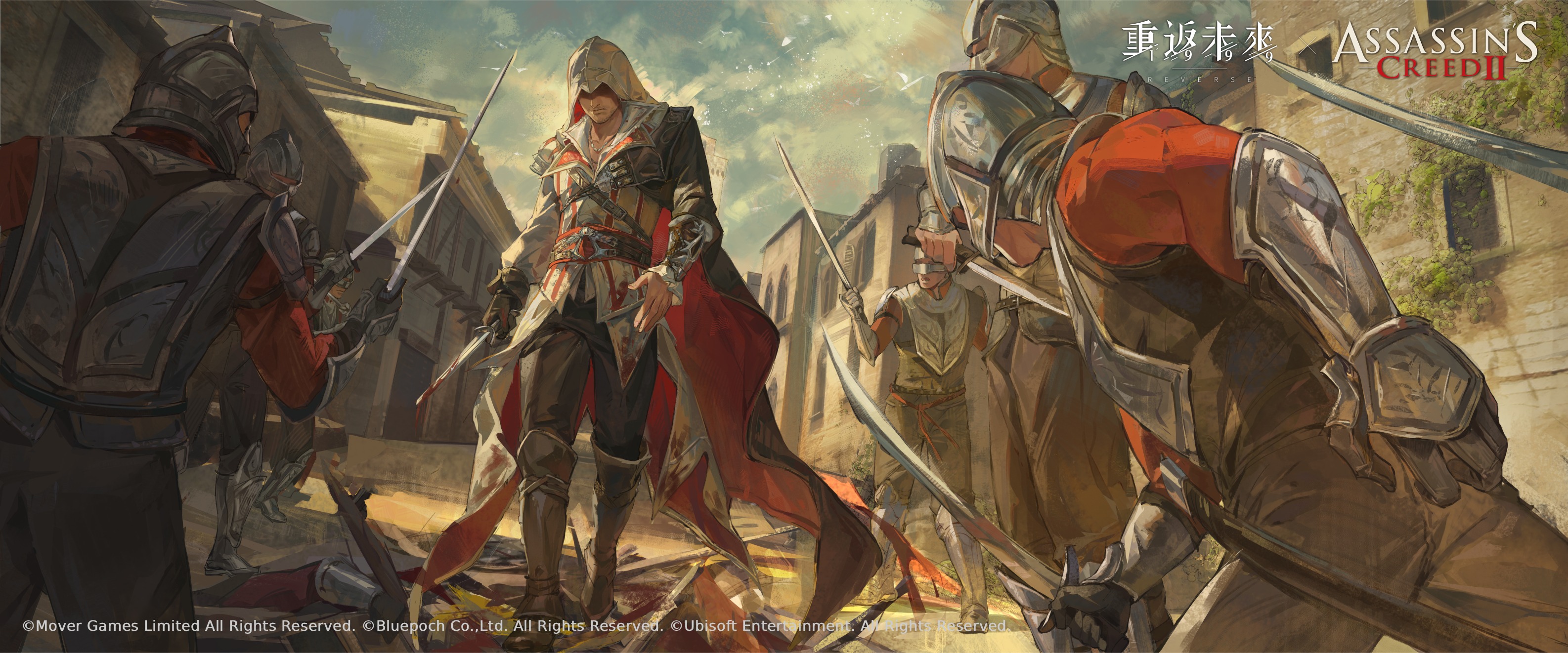 ezio auditore da firenze, assassin's creed (series), assassin's creed ii, reverse:1999, highres, official art, 6+boys, armor, battle, beard stubble, black pants, blood, bloody weapon, blue sky, boots, brown boots, brown cape, brown gloves, cape, closed mouth, cloud, cloudy sky, copyright name, copyright notice, dagger, day, facial hair, gloves, group battle, helmet, holding, holding dagger, holding knife, holding sword, holding weapon, hood, hood up, house, knife, logo, looking at viewer, male focus, mature male, multiple boys, mustache stubble, outdoors, pants, shirt, side cape, single glove, sky, soldier, stubble, sword, walking, weapon, white shirt, wide shot