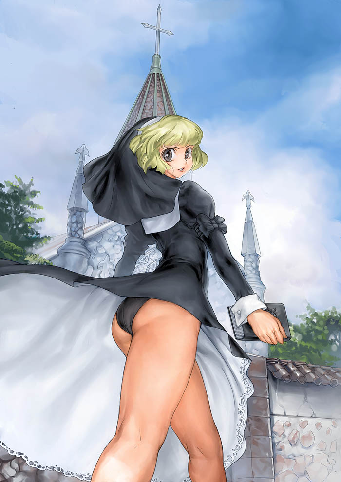 garex, ass, blonde hair, church, nun, panties, short hair, solo, underwear, wind, wind lift