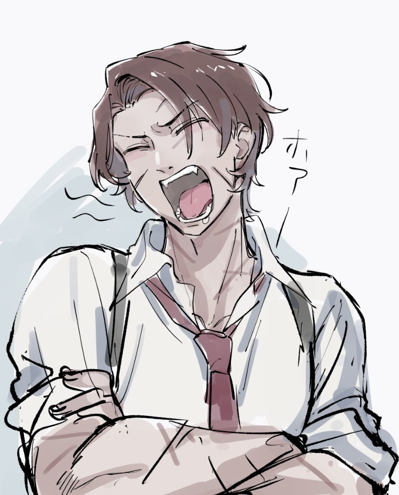 keisotu kuruu, heathcliff (project moon), limbus company, project moon, 1boy, brown hair, closed eyes, collared shirt, dark-skinned male, dark skin, looking at viewer, male focus, necktie, open mouth, red necktie, sharp teeth, shirt, short hair, simple background, solo, teeth, upper body, white background, white shirt, yawning