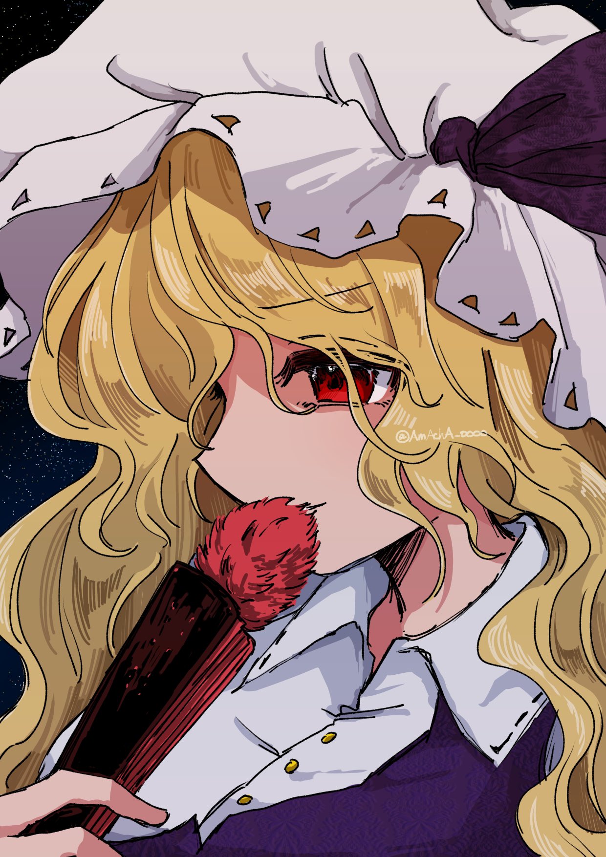 amacha 0000, watatsuki no toyohime, fossilized wonders, touhou, commentary request, highres, 1girl, blonde hair, collared shirt, dress, fan to mouth, folded fan, folding fan, from side, hand fan, hat, holding, holding fan, long hair, mob cap, portrait, purple dress, red eyes, shirt, smile, solo, twitter username, wavy hair, white shirt