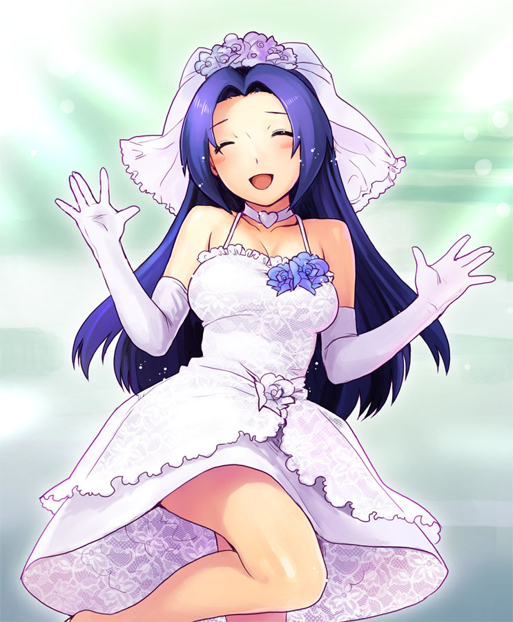 nekomata naomi, miura azusa, idolmaster, idolmaster (classic), bad id, bad pixiv id, 00s, ||/, blue hair, bride, closed eyes, do-dai, double ||/, dress, dress flower, elbow gloves, flower, gloves, happy, long hair, solo, wedding dress
