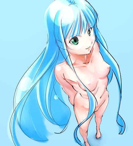 p.k., bad id, bad pixiv id, barefoot, blue hair, foreshortening, from above, green eyes, long hair, nipples, nude, pov, solo