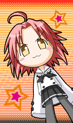 eunos, kogami akira, lucky star, lowres, 00s, :3, ahoge, chibi, pantyhose, pink hair, red hair, school uniform, serafuku, short hair, skirt, solo, yellow eyes