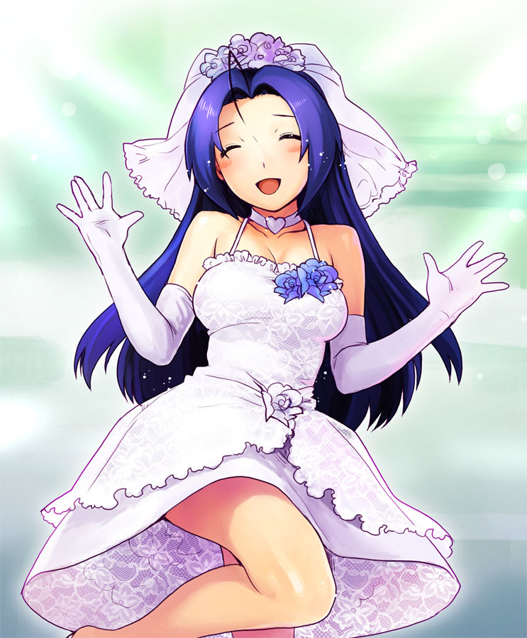nekomata naomi, miura azusa, idolmaster, idolmaster (classic), 00s, ||/, ahoge, blue hair, bride, choker, closed eyes, double ||/, dress, dress flower, elbow gloves, flower, gloves, smile, wedding dress
