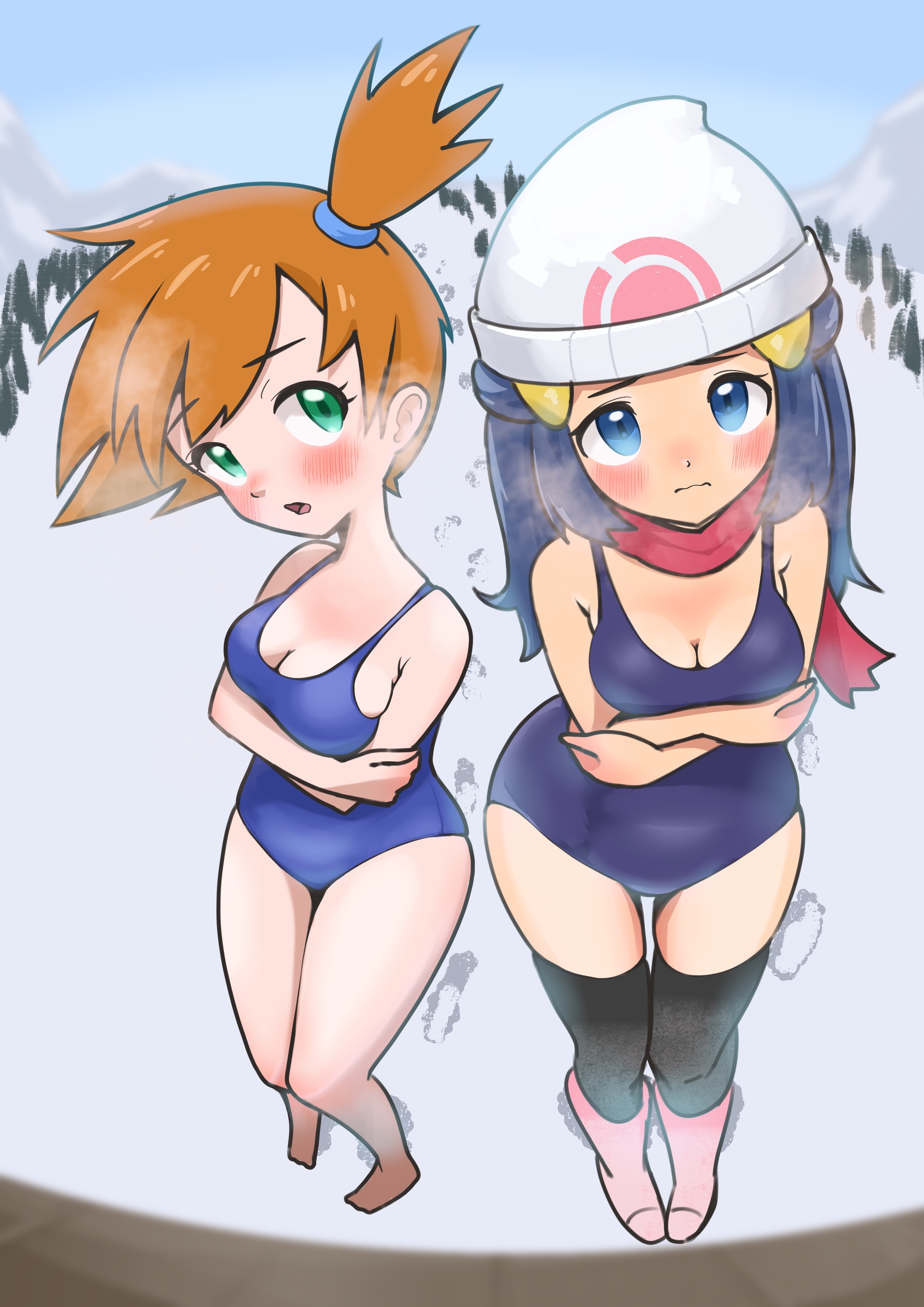 microsd (pibo), dawn (pokemon), misty (pokemon), nintendo, pokemon, pokemon dppt, pokemon rgby, 2girls, arms under breasts, barefoot, beanie, black thighhighs, blue eyes, blue hair, blue one-piece swimsuit, blush, boots, breasts, breath, cleavage, closed mouth, cold, crossed arms, day, embarrassed, footprints, green eyes, hair ornament, hairclip, hat, long hair, looking at viewer, looking up, medium breasts, multiple girls, one-piece swimsuit, open mouth, orange hair, outdoors, poke ball print, red scarf, scarf, school swimsuit, short hair, side ponytail, snow, standing, swimsuit, thighhighs