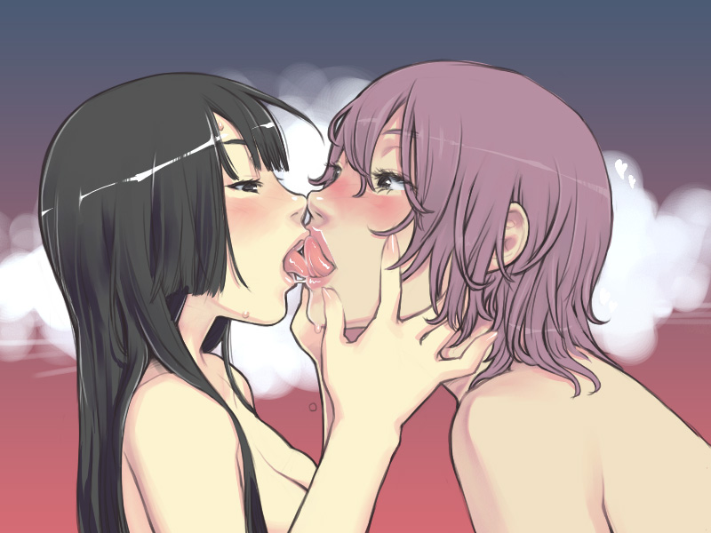 kaieda hiroshi, 2girls, black hair, blush, breasts, couple, eye contact, french kiss, half-closed eyes, kiss, lips, looking at another, multiple girls, nude, saliva, saliva trail, size difference, tongue, yuri