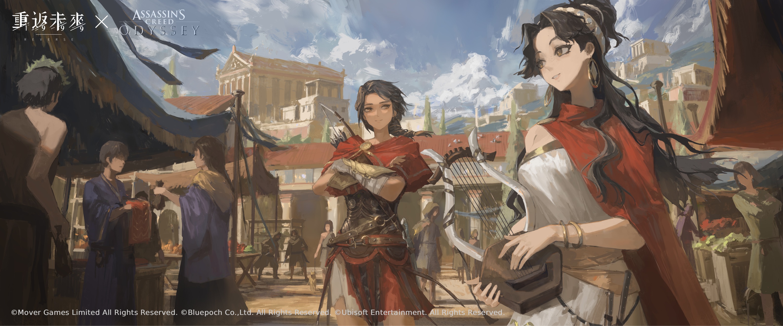 assassin's creed: odyssey, assassin's creed (series), parthenon, reverse:1999, highres, official art, 2girls, 6+others, ancient greek clothes, architecture, armor, arrow (projectile), bard (reverse:1999), black hair, blue sky, bow (weapon), bracelet, brown eyes, brown hair, cape, closed mouth, cloud, cloudy sky, copyright name, copyright notice, crossed arms, day, earrings, greco-roman architecture, greco-roman clothes, greece, greek armor, grin, holding, holding instrument, holding lyre, instrument, jewelry, kassandra of sparta, logo, long hair, looking at another, looking to the side, lyre, multiple girls, multiple others, outdoors, people, red cape, single bare shoulder, sky, smile, toga, upper body, weapon, weapon on back