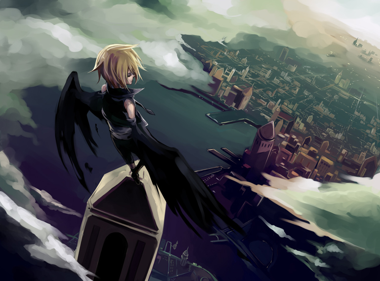 riku (artist), riku (wana), original, bad id, bad pixiv id, blonde hair, building, city, short hair, sky, solo, wings