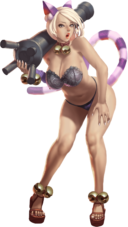 crystal maiden (series), artist request, game cg, official art, variant set, 1girl, animal ears, bare arms, bare legs, bare shoulders, bell, belt, black bra, black panties, blonde hair, bra, breasts, brown eyes, cat ears, cat tail, cleavage, collar, frilled bra, frills, full body, hand on own thigh, holding cannon, jingle bell, large breasts, leaning forward, luna (crystal maidens), navel, open mouth, over shoulder, panties, short hair, solo, tail, transparent background, underwear, weapon, weapon over shoulder