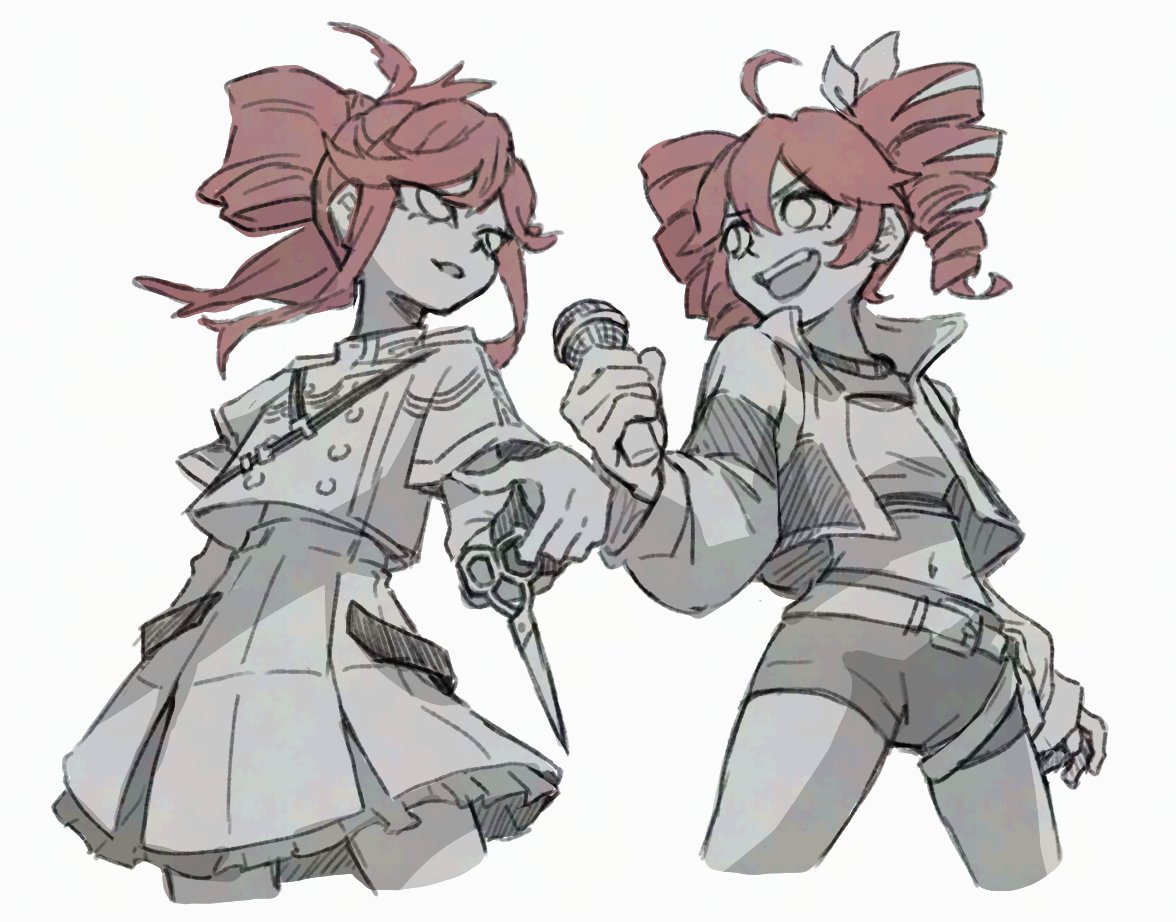 teo (teorekka), kasane teto, kasane teto (sv), riyo reaper, gachiakuta, synthesizer v, utau, 2girls, ahoge, buttons, cosplay, cropped shirt, double-breasted, drill hair, greyscale, hair between eyes, holding, holding scissors, jacket, kasane teto (cosplay), long sleeves, monochrome, multiple girls, pleated skirt, puffy long sleeves, puffy sleeves, red hair, riyo reaper (cosplay), scissors, short sleeves, shorts, sidelocks, simple background, skirt, spot color, twin drills