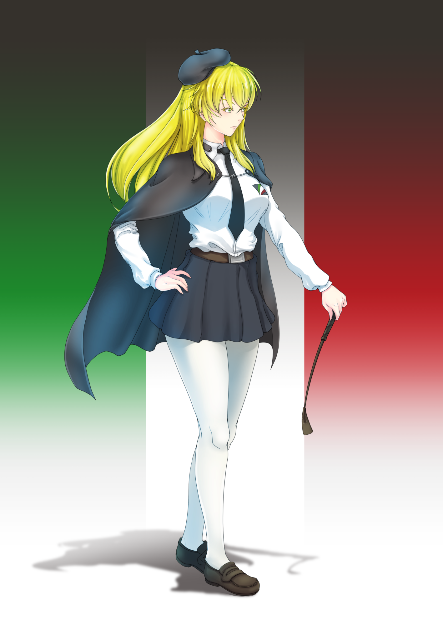 sunaipu (age-zero), anchovy (girls und panzer), carpaccio (girls und panzer), girls und panzer, highres, 1girl, aged up, anchovy (girls und panzer) (cosplay), anzio school uniform, belt, belt buckle, beret, black belt, black cape, black hair, black necktie, black shoes, black skirt, blonde hair, breasts, buckle, cape, collared shirt, cosplay, flag background, frown, green eyes, hand on own hip, hat, holding, holding whip, italian flag, large breasts, light frown, long hair, long sleeves, miniskirt, necktie, pantyhose, pleated skirt, school uniform, shirt, shoes, skirt, solo, standing, white pantyhose, white shirt