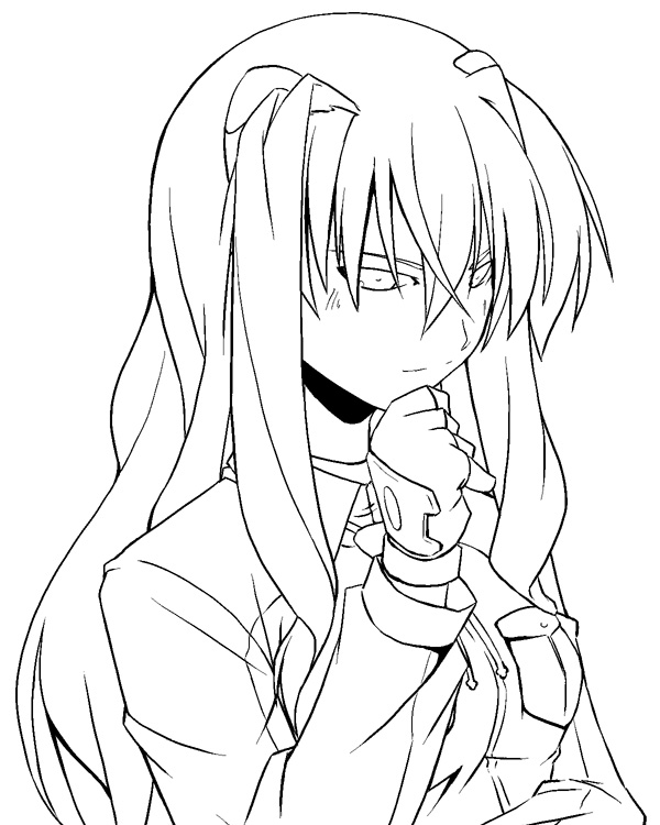 u-ka, yu lulu (uka), due (nanoha), numbers (nanoha), uno (nanoha), lyrical nanoha, mahou shoujo lyrical nanoha, mahou shoujo lyrical nanoha strikers, uniform, 00s, 1girl, female focus, fingerless gloves, gloves, greyscale, hand on own chin, headgear, lineart, monochrome, outline, simple background, solo, thinking, upper body, white background