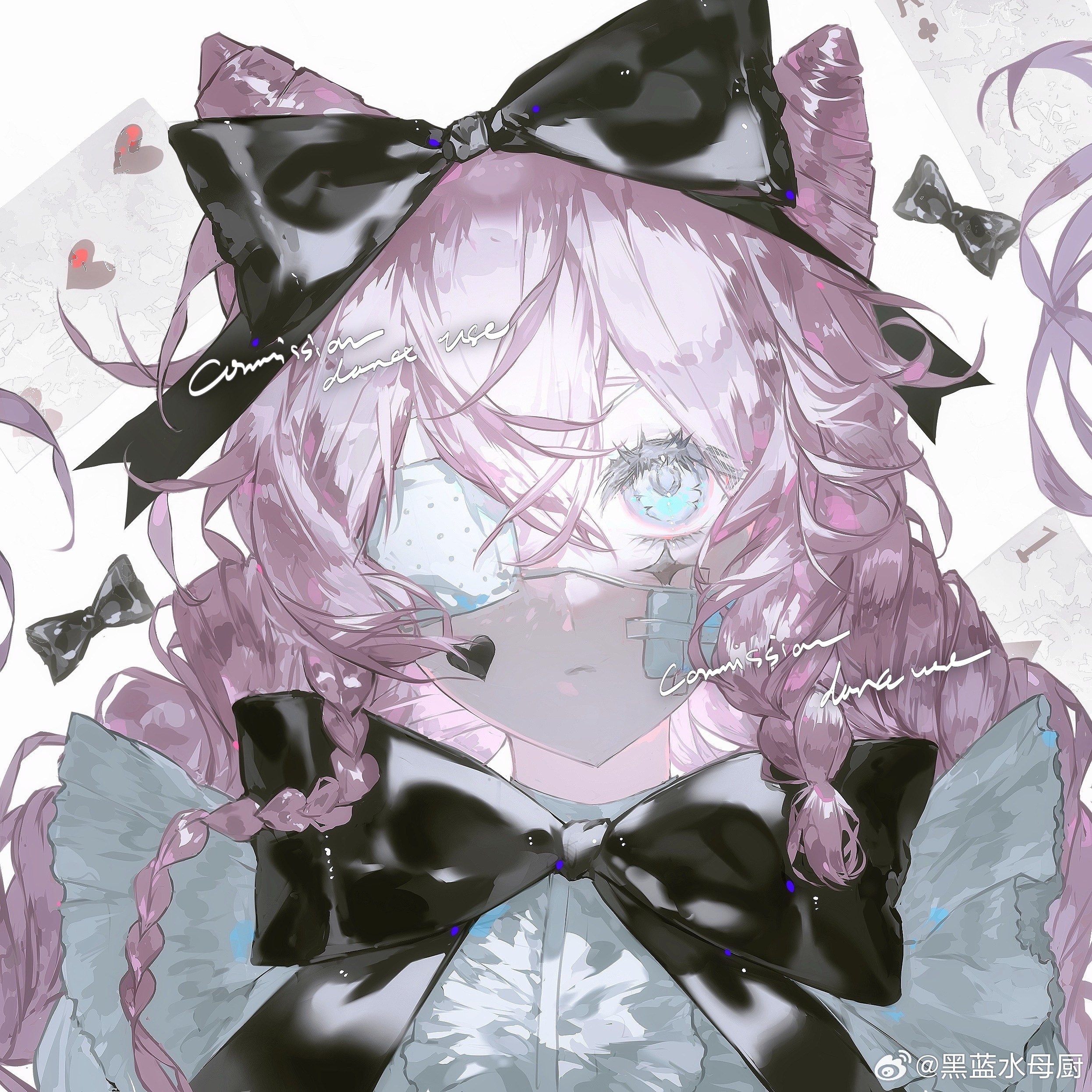 original, absurdres, highres, 1girl, bandaid, bandaid on face, black bow, blue eyes, bow, bowtie, braid, center frills, double bun, eyepatch, facial mark, frills, hair between eyes, hair bow, hair bun, heart, heilanshuimuchu, long hair, looking at viewer, medical eyepatch, pill, pink hair, shirt, solo, twintails