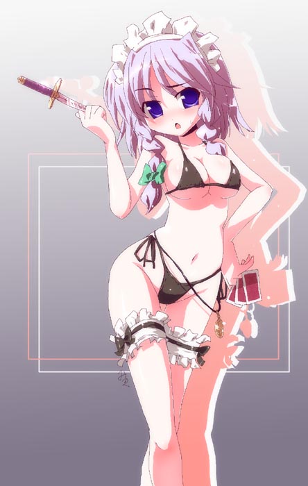 miuku (marine sapphire), izayoi sakuya, touhou, silver hair, 1girl, animal ears, bikini, black bikini, blue eyes, braid, breasts, card, cleavage, female focus, frilled thigh strap, holding, holding card, knife, panties, rabbit ears, side-tie bikini bottom, side-tie panties, solo, swimsuit, thigh strap, throwing knife, underwear, weapon