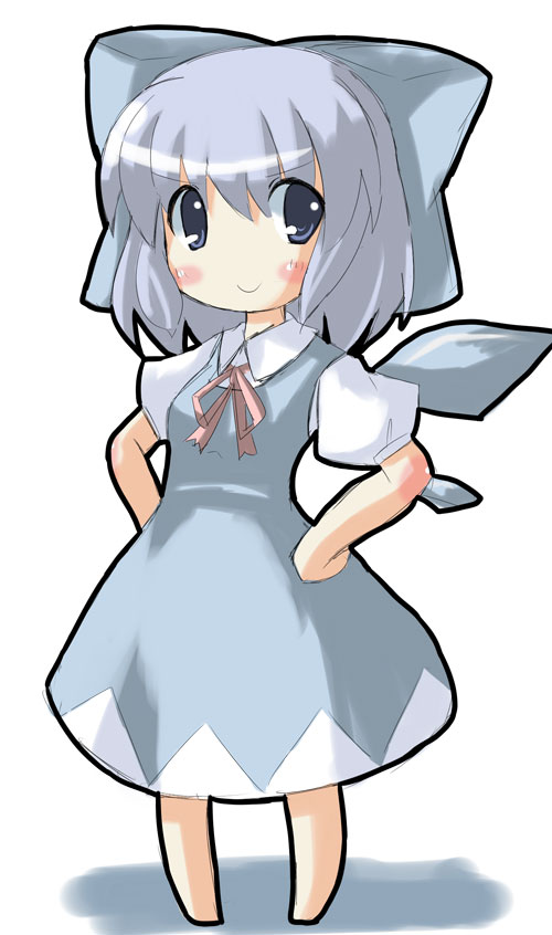 kapuchiino (pixiv), putiren, cirno, embodiment of scarlet devil, touhou, 1girl, blue hair, chibi, dress, female focus, full body, hands on own hips, ribbon, solo, white background, wings