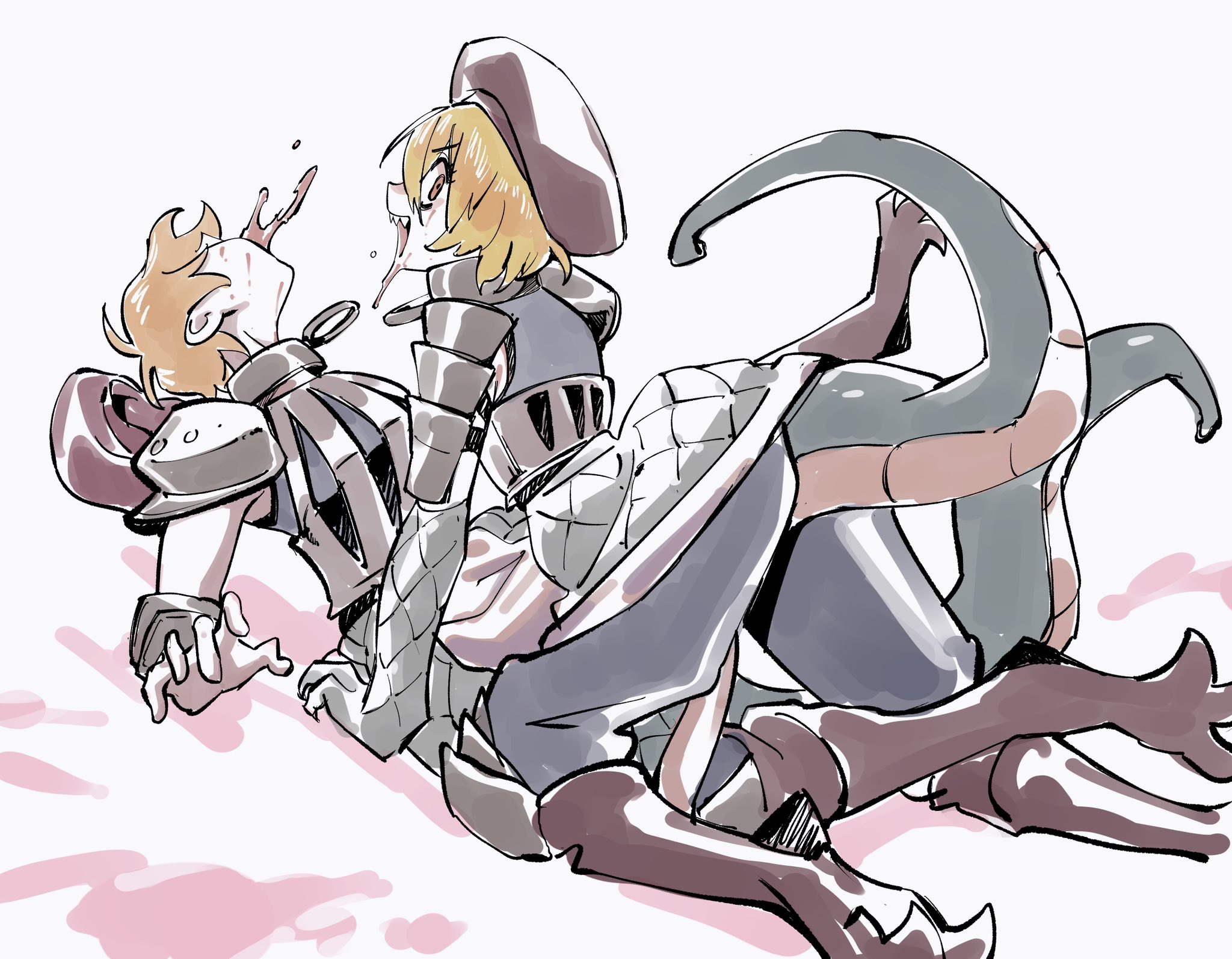 keisotu kuruu, don quixote (project moon), sinclair (project moon), limbus company, project moon, highres, 1boy, 1girl, armor, black pants, blonde hair, blood, claws, e.g.o (project moon), full body, gauntlets, hat, lifetime stew (e.g.o), lizard tail, looking at viewer, lying, on back, open mouth, pants, red hat, short hair, simple background, smile, tail, white background, yellow eyes