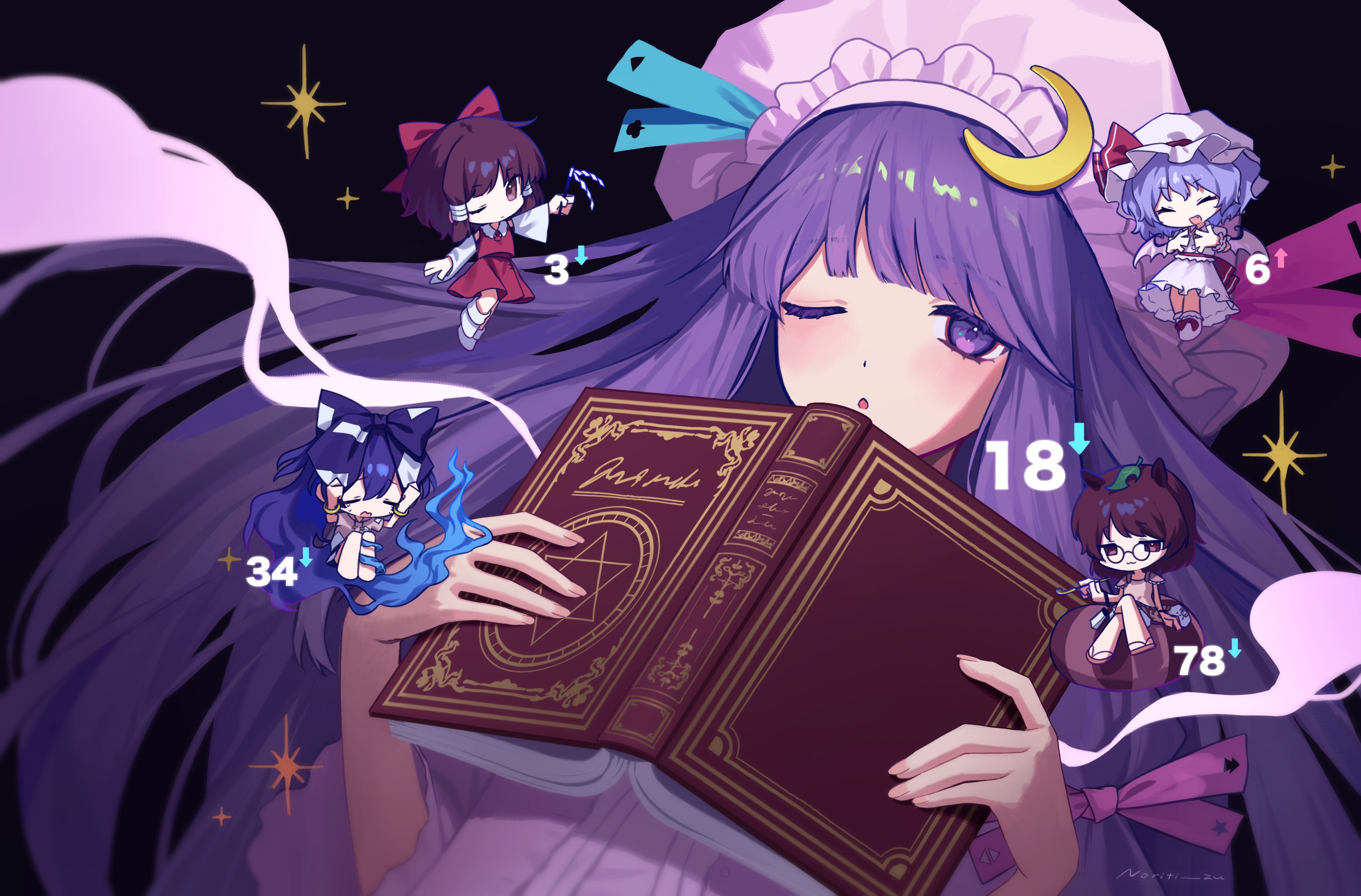 norichiizu, futatsuiwa mamizou, hakurei reimu, patchouli knowledge, remilia scarlet, yorigami shion, touhou, highres, 5girls, :<, :3, @ @, animal ears, bat wings, black background, blue bow, blue eyes, blue hair, blue skirt, book, bow, brown eyes, brown hair, brown shirt, brown skirt, chibi, closed eyes, closed mouth, crescent, crescent hat ornament, detached sleeves, dress, glasses, gohei, grey hoodie, hat, hat ornament, holding, holding book, holding gohei, holding smoking pipe, hood, hoodie, leaf, leaf on head, long hair, looking at viewer, medium hair, mob cap, multiple girls, one eye closed, open book, open mouth, pink dress, purple eyes, purple hair, raccoon ears, raccoon girl, raccoon tail, red bow, red eyes, red shirt, red skirt, round eyewear, shirt, skirt, smile, smoking pipe, tail, upper body, vampire, very long hair, white dress, wings